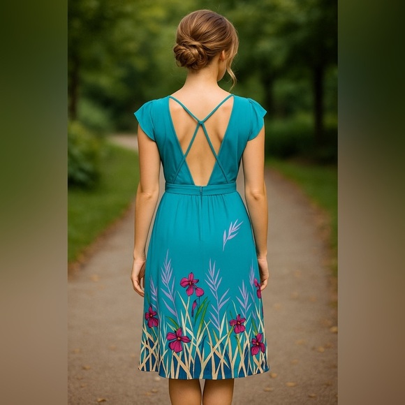 Vintage Turquoise Bird Iris Strapy Back Sheath Midi Dress Cap Sleeve Size Small - Picture 4 of 13
